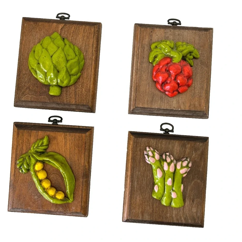 70s Giftcraft Kitsch 3D Vegetable Plaques Retro Kitchen Wall Decor Set 4 Garden